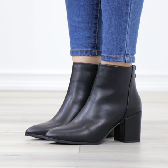 Block Low Heel Above Ankle Boots Pointed Toes Black Synthetic Leather - Picture 12 of 12